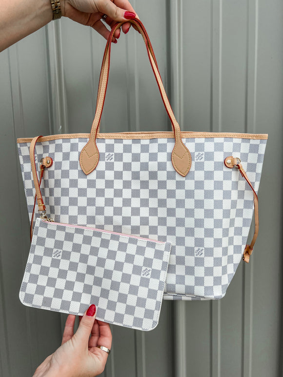 PRE ORDER Neverfull MM Checkered White with Pink Magnolia Lane Boutique