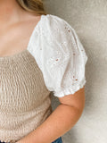 Stroll In The Sand Smocked Eyelet Top