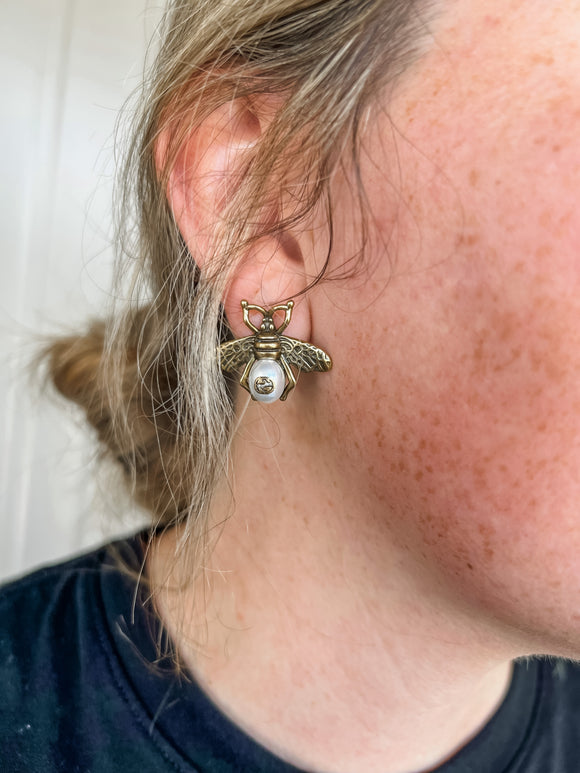 PRE-ORDER G Gold Pearl Bee Earrings